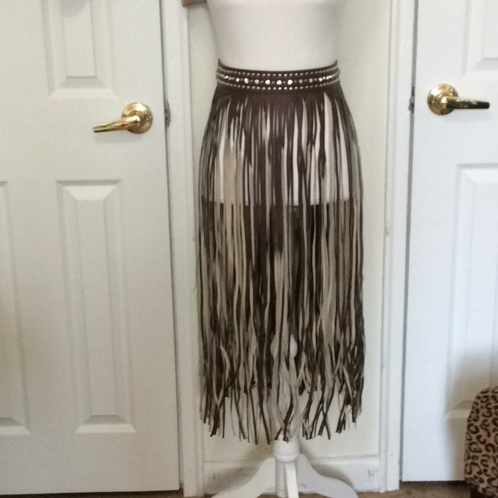 Brown Studded/Rhinestone Fringe Faux Leather Belt